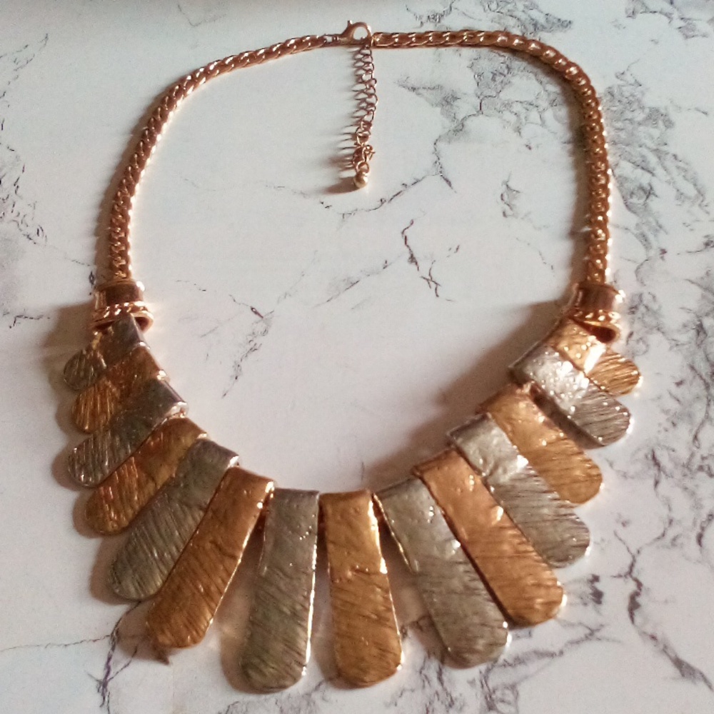 Gold Plated Two-tone Graduated Chunky Hammered Bib Statement Necklace